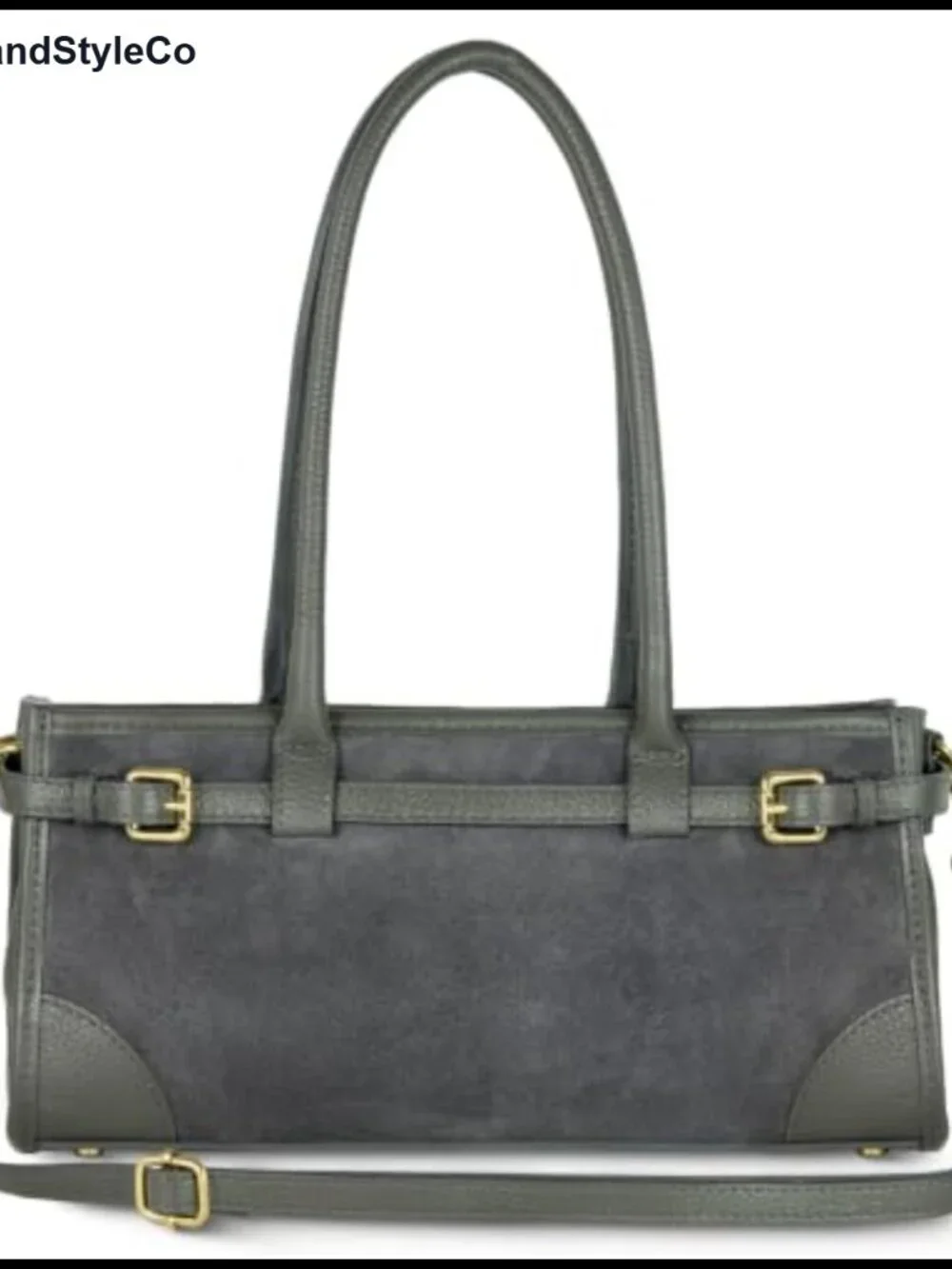 Italian Genuine Suede Leather Trim Structured Shoulder Purse Adjustable Strap